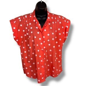 Vintage Size 10 Coral White Polka Dot Blouse Top Grand Design Cap Sleeve